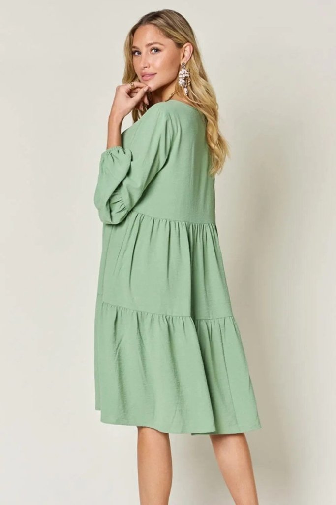 Double Take Full Size V - Neck Balloon Sleeve Tiered Dress - Light Green by Trendsi from FREYA’S CLOSET