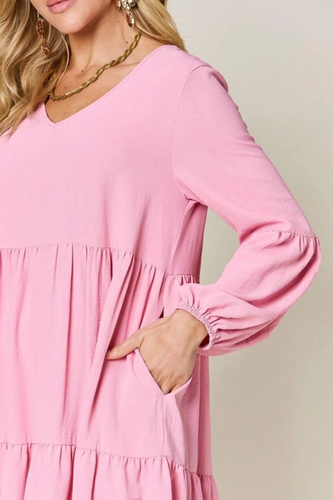 Double Take Full Size V - Neck Balloon Sleeve Tiered Dress - Pink by Trendsi from FREYA’S CLOSET