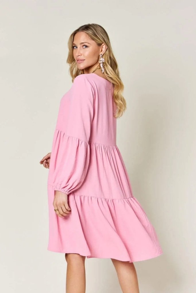 Double Take Full Size V - Neck Balloon Sleeve Tiered Dress - Pink by Trendsi from FREYA’S CLOSET