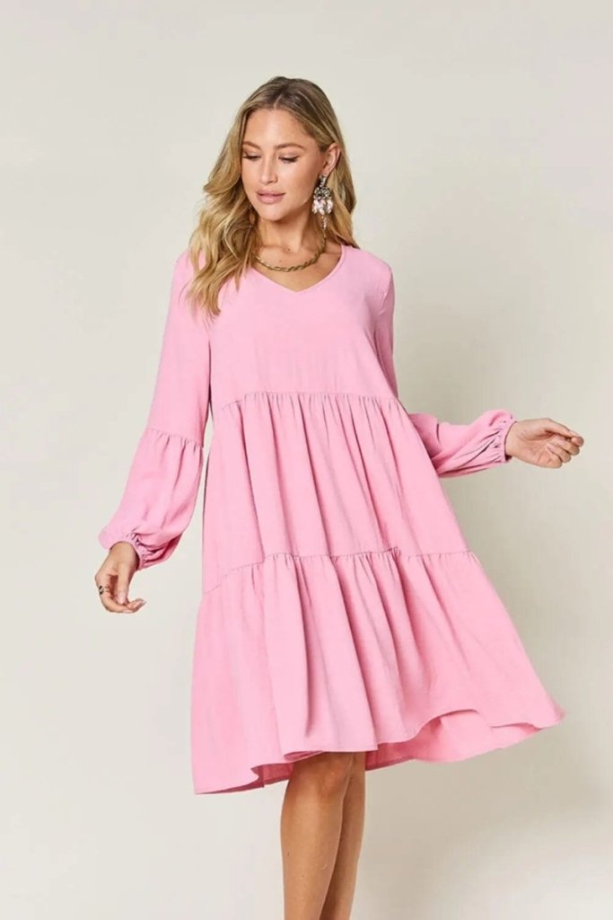Double Take Full Size V - Neck Balloon Sleeve Tiered Dress - Pink by Trendsi from FREYA’S CLOSET