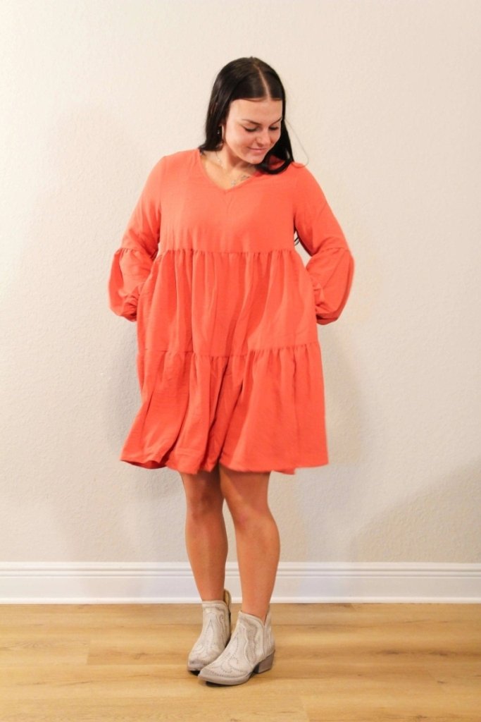 Double Take Full Size V - Neck Balloon Sleeve Tiered Dress - Coral by Trendsi from FREYA’S CLOSET