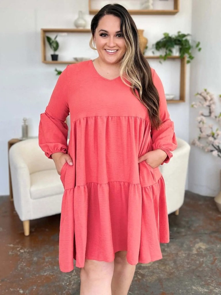 Double Take Full Size V - Neck Balloon Sleeve Tiered Dress - Coral by Trendsi from FREYA’S CLOSET