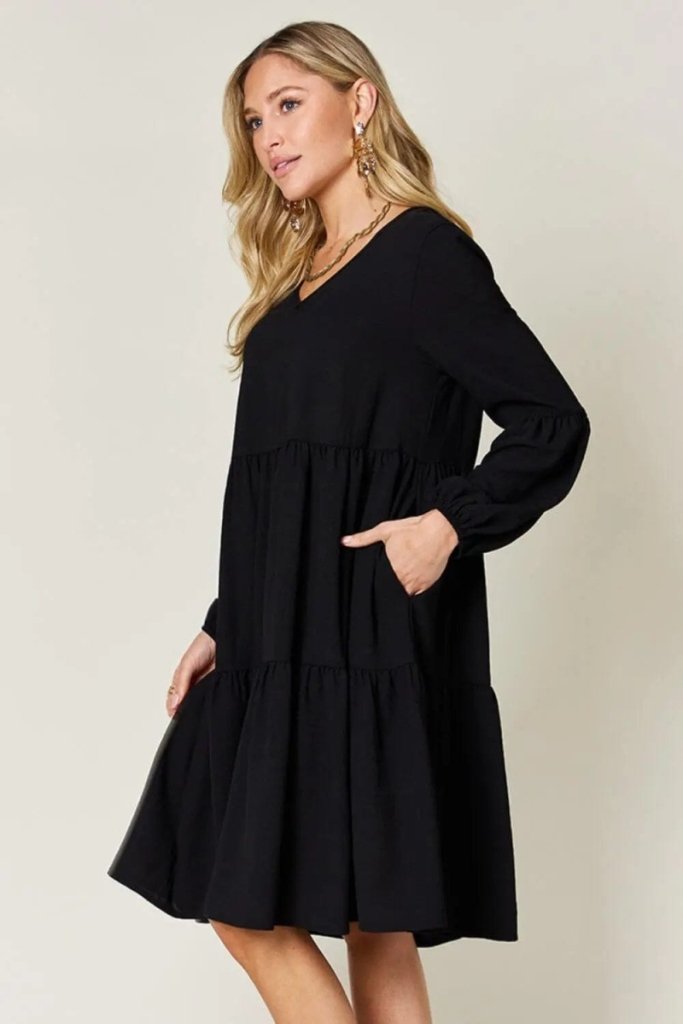 Double Take Full Size V - Neck Balloon Sleeve Tiered Dress – Black by Trendsi from FREYA’S CLOSET