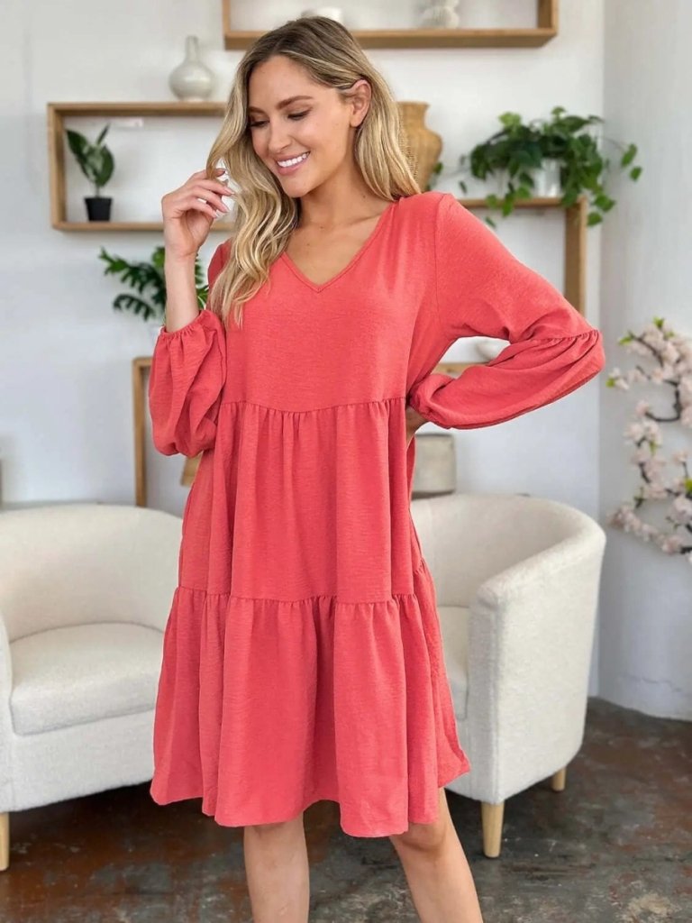 Double Take Full Size V - Neck Balloon Sleeve Tiered Dress - Coral by Trendsi from FREYA’S CLOSET