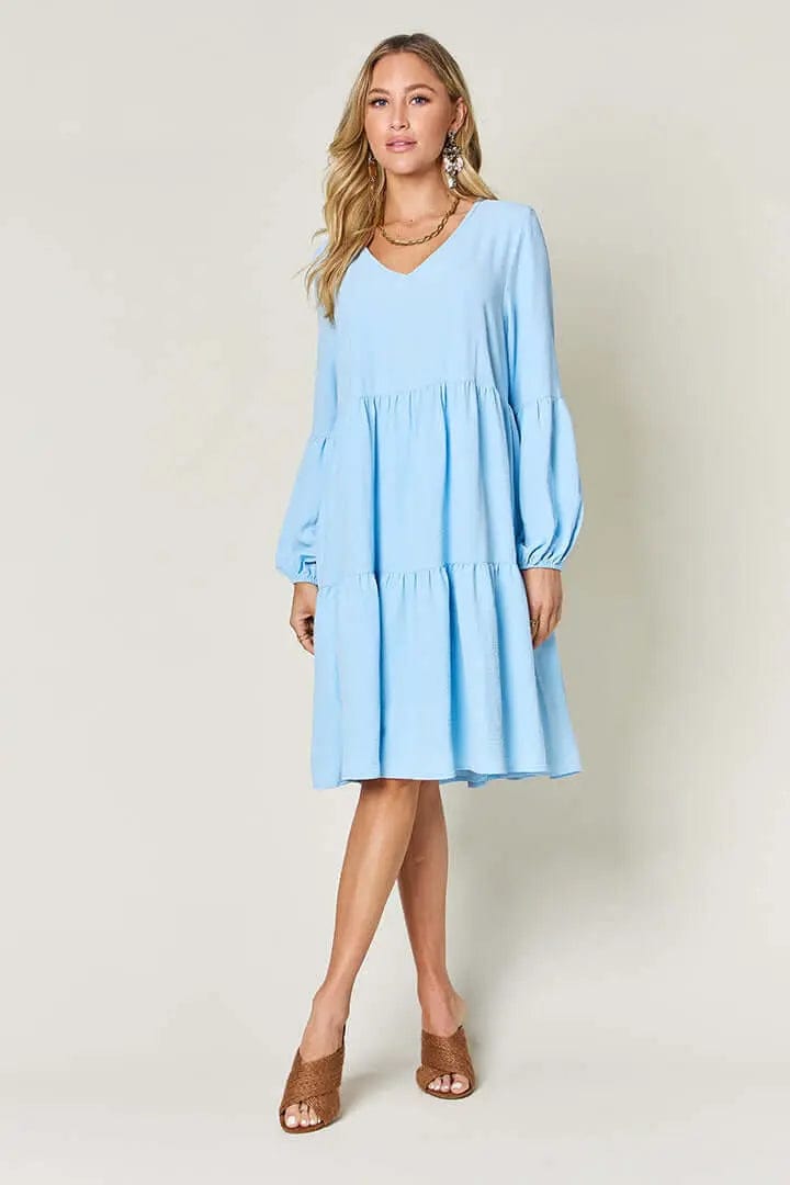 Double Take Full Size V - Neck Balloon Sleeve Tiered Dress - Light Blue by Trendsi from FREYA’S CLOSET