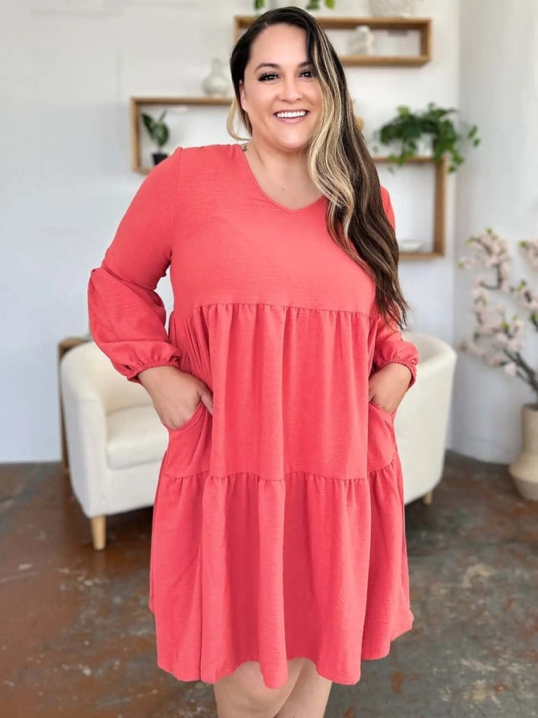 Double Take Full Size V - Neck Balloon Sleeve Tiered Dress - Coral by Trendsi from FREYA’S CLOSET