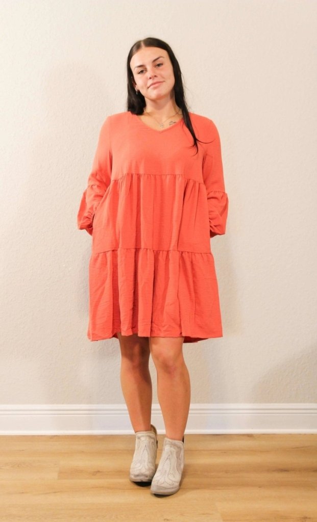 Double Take Full Size V - Neck Balloon Sleeve Tiered Dress - Coral by Trendsi from FREYA’S CLOSET