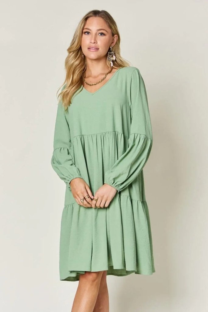 Double Take Full Size V - Neck Balloon Sleeve Tiered Dress - Light Green by Trendsi from FREYA’S CLOSET