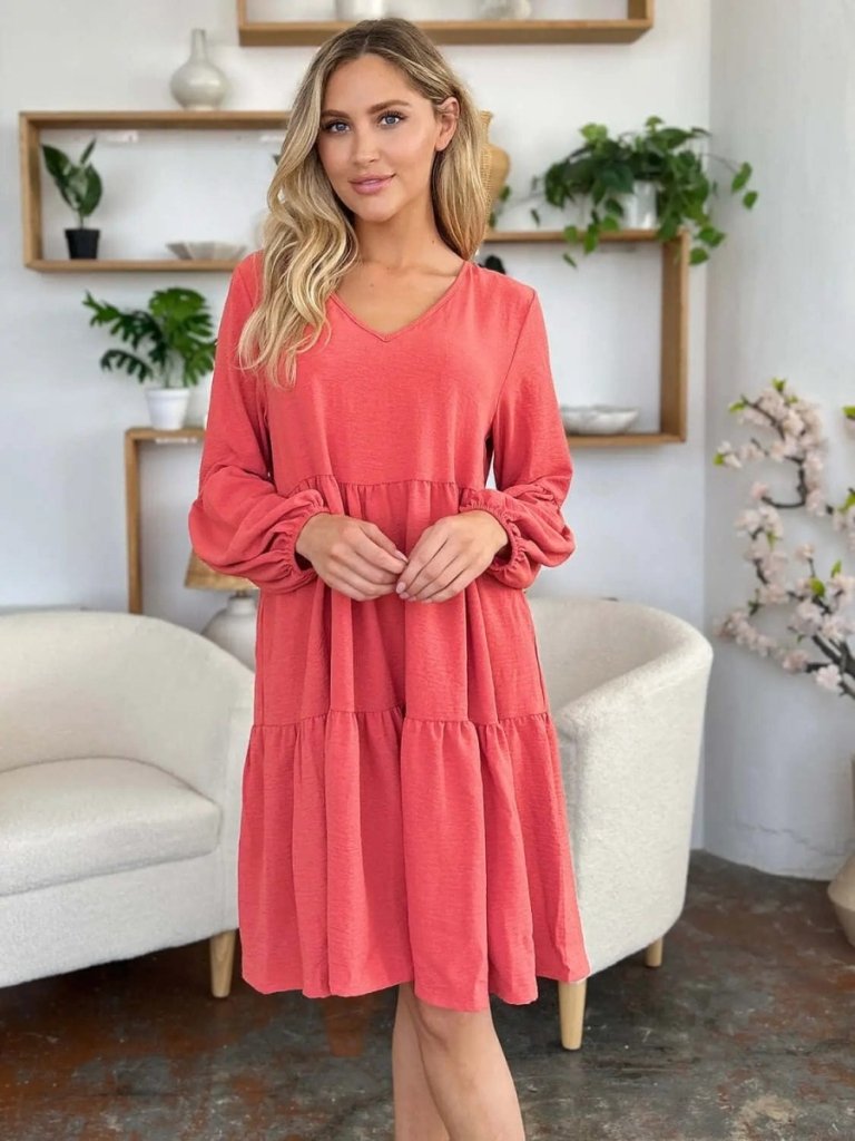 Double Take Full Size V - Neck Balloon Sleeve Tiered Dress – Coral by Trendsi from FREYA’S CLOSET