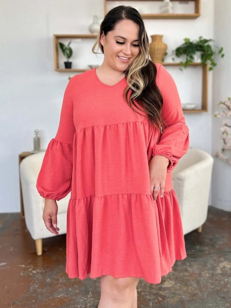 Double Take Full Size V - Neck Balloon Sleeve Tiered Dress - Coral by Trendsi from FREYA’S CLOSET