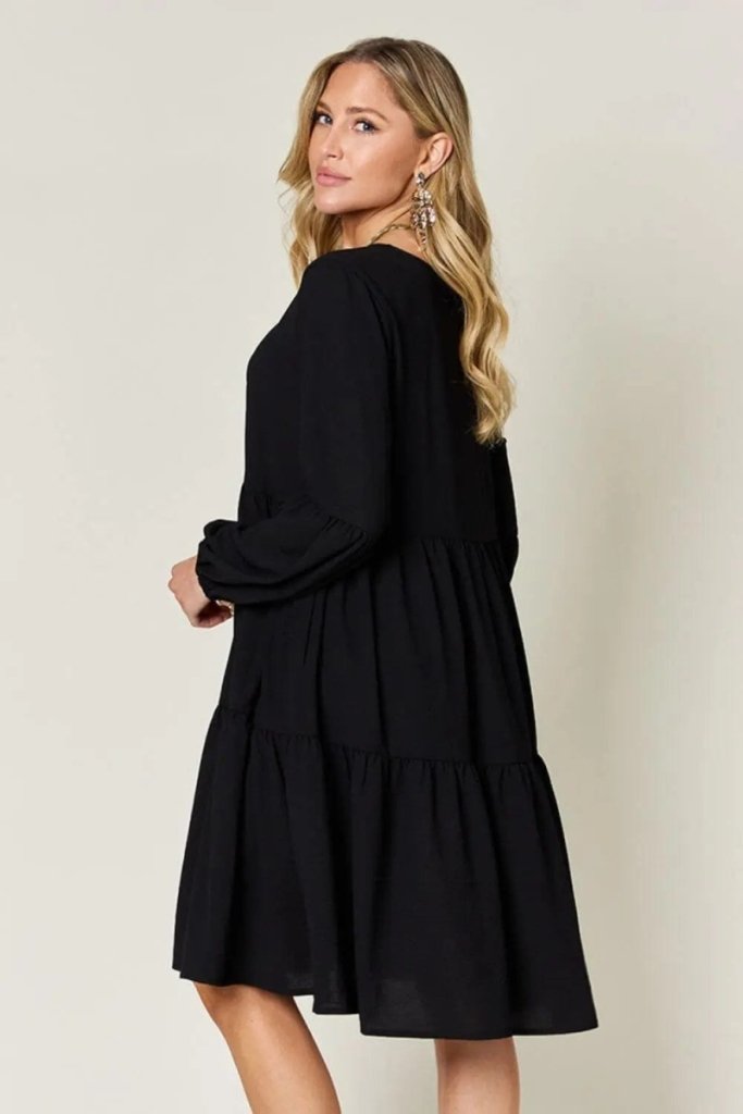 Double Take Full Size V - Neck Balloon Sleeve Tiered Dress - Black by Trendsi from FREYA’S CLOSET