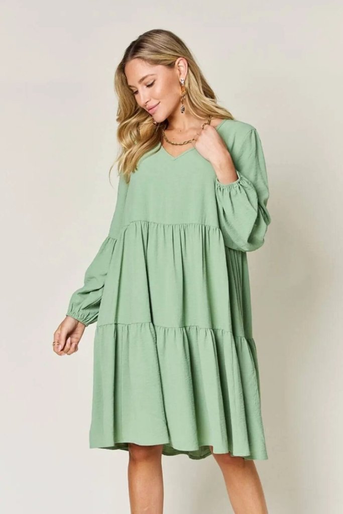 Double Take Full Size V - Neck Balloon Sleeve Tiered Dress - Light Green by Trendsi from FREYA’S CLOSET