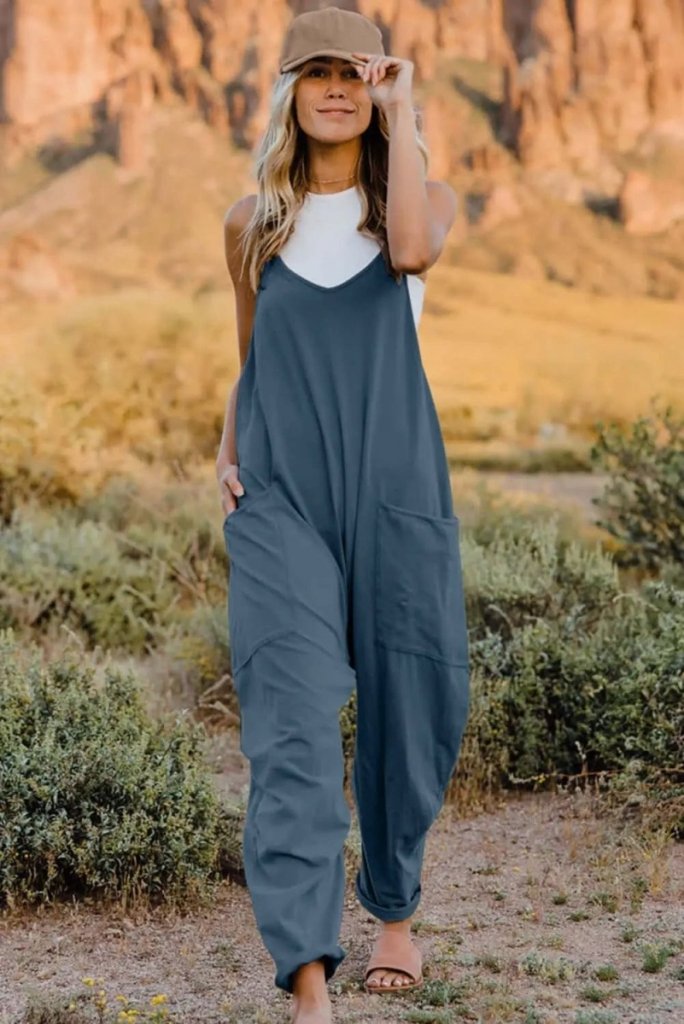 Double Take Full Size V - Neck Sleeveless Jumpsuit with Pockets - Dark Blue by Trendsi from FREYA’S CLOSET
