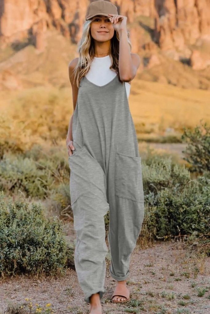 Double Take Full Size V - Neck Sleeveless Jumpsuit with Pockets - Light Gray by Trendsi from FREYA’S CLOSET