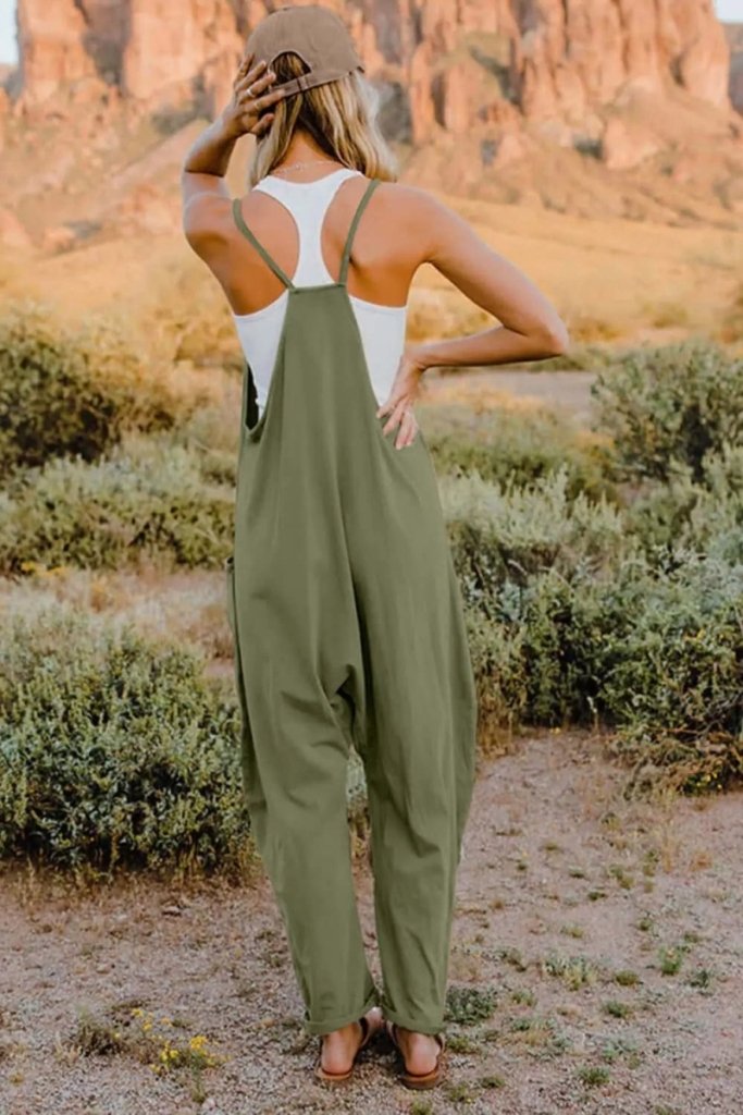 Double Take Full Size V - Neck Sleeveless Jumpsuit with Pockets – Army Green by Trendsi from FREYA’S CLOSET