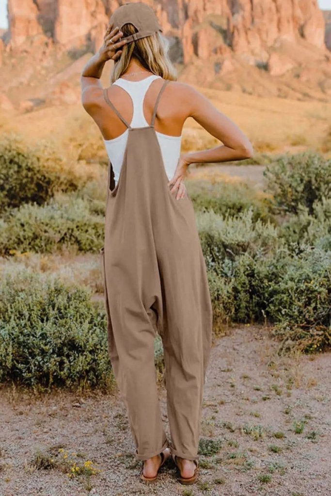 Double Take Full Size V - Neck Sleeveless Jumpsuit with Pockets - Khaki by Trendsi from FREYA’S CLOSET
