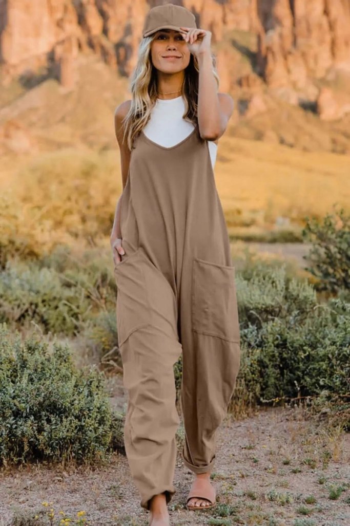 Double Take Full Size V - Neck Sleeveless Jumpsuit with Pockets - Khaki by Trendsi from FREYA’S CLOSET