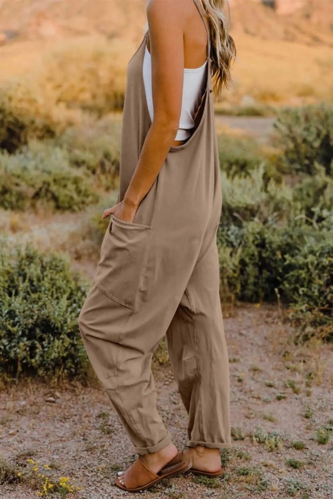 Double Take Full Size V - Neck Sleeveless Jumpsuit with Pockets - Khaki by Trendsi from FREYA’S CLOSET
