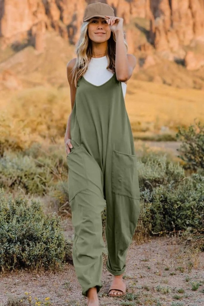 Double Take Full Size V - Neck Sleeveless Jumpsuit with Pockets - Army Green by Trendsi from FREYA’S CLOSET
