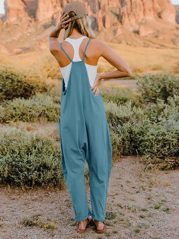 Double Take Full Size V - Neck Sleeveless Jumpsuit with Pockets - Cerulean by Trendsi from FREYA’S CLOSET