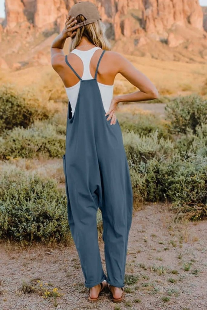 Double Take Full Size V - Neck Sleeveless Jumpsuit with Pockets - Dark Blue by Trendsi from FREYA’S CLOSET
