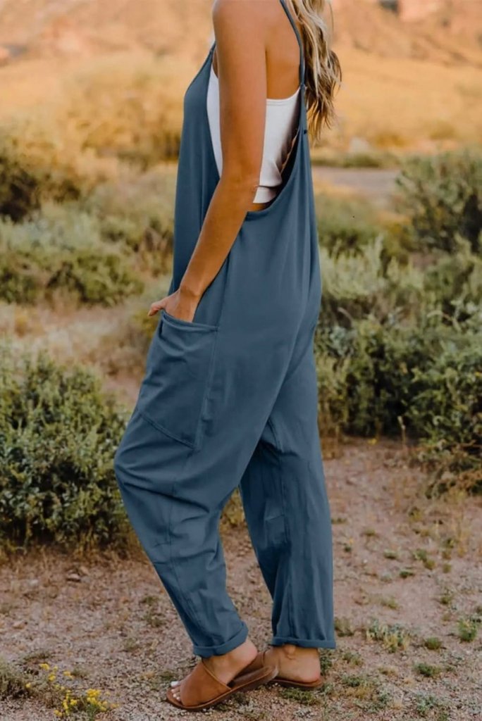 Double Take Full Size V - Neck Sleeveless Jumpsuit with Pockets - Dark Blue by Trendsi from FREYA’S CLOSET