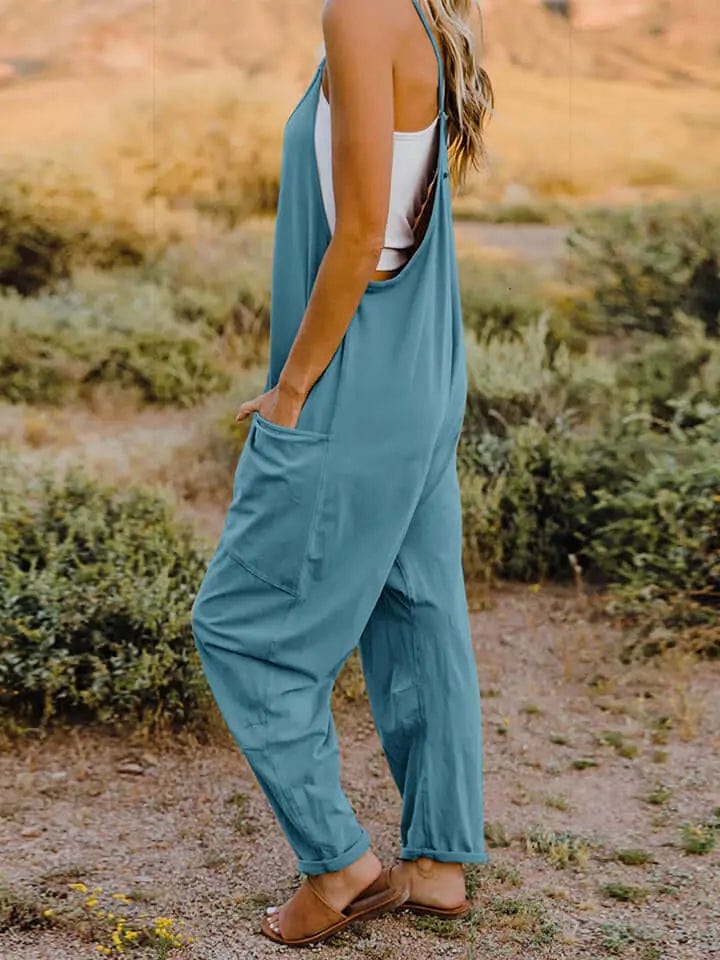 Double Take Full Size V - Neck Sleeveless Jumpsuit with Pockets - Cerulean by Trendsi from FREYA’S CLOSET