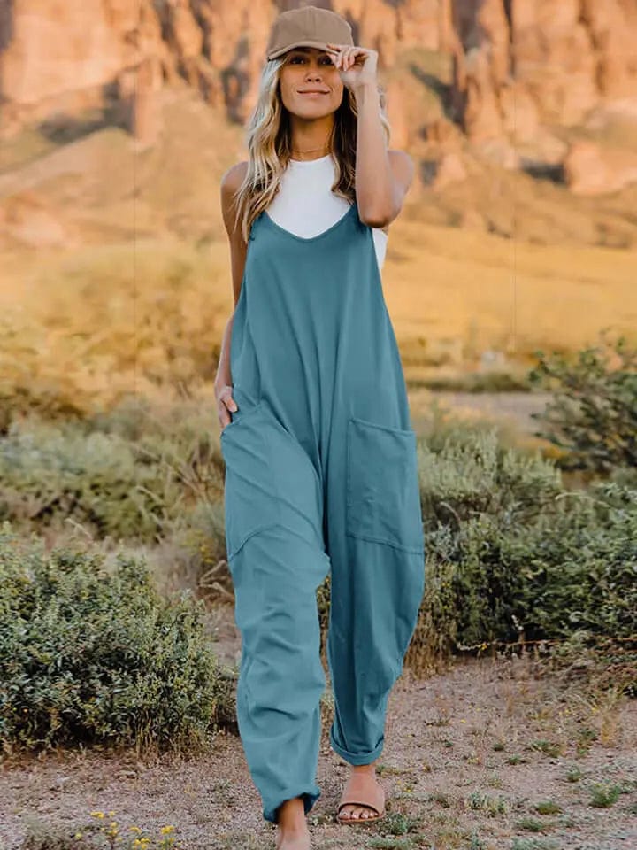 Double Take Full Size V - Neck Sleeveless Jumpsuit with Pockets - Cerulean by Trendsi from FREYA’S CLOSET