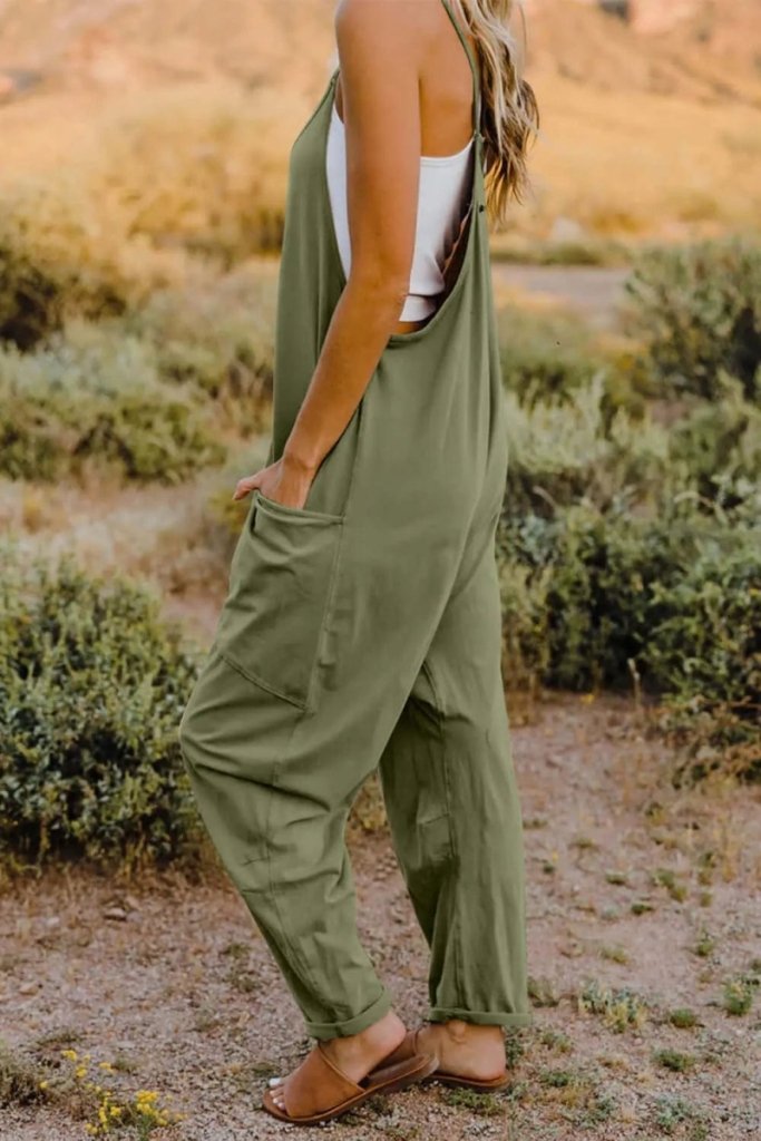 Double Take Full Size V - Neck Sleeveless Jumpsuit with Pockets - Army Green by Trendsi from FREYA’S CLOSET
