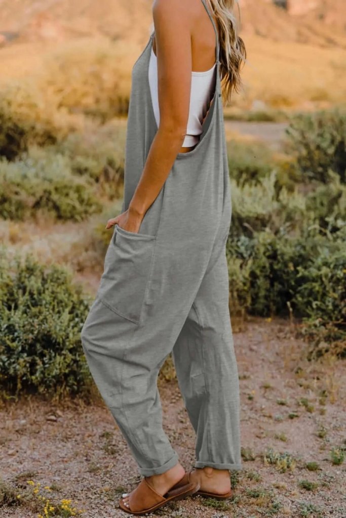 Double Take Full Size V - Neck Sleeveless Jumpsuit with Pockets - Light Gray by Trendsi from FREYA’S CLOSET