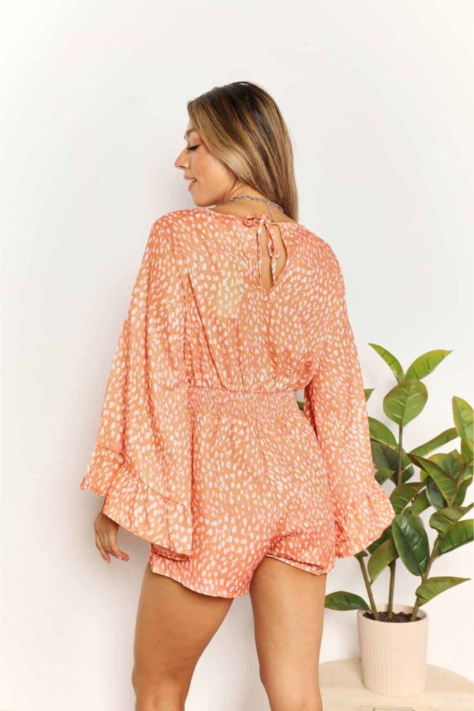 Double Take Printed Flare Sleeve Surplice Romper - Tangerine by Trendsi from FREYA’S CLOSET