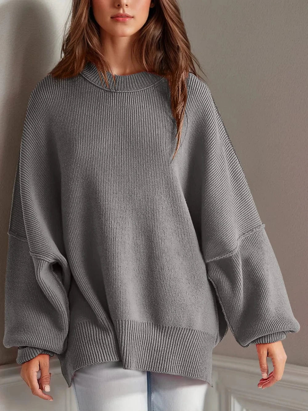 Trendsi Gray / S Double Take Side Slit Round Neck Long Sleeve Sweater