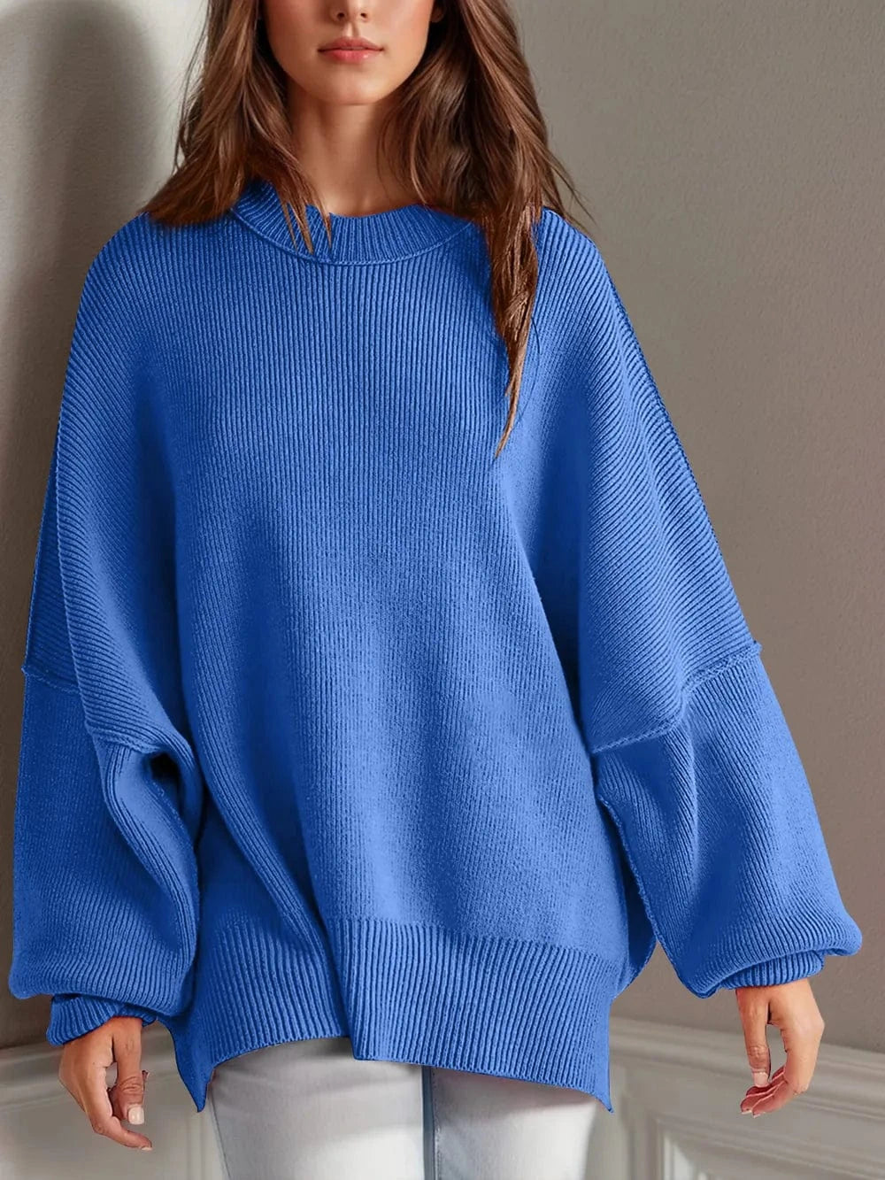 Trendsi Royal Blue / S Double Take Side Slit Round Neck Long Sleeve Sweater