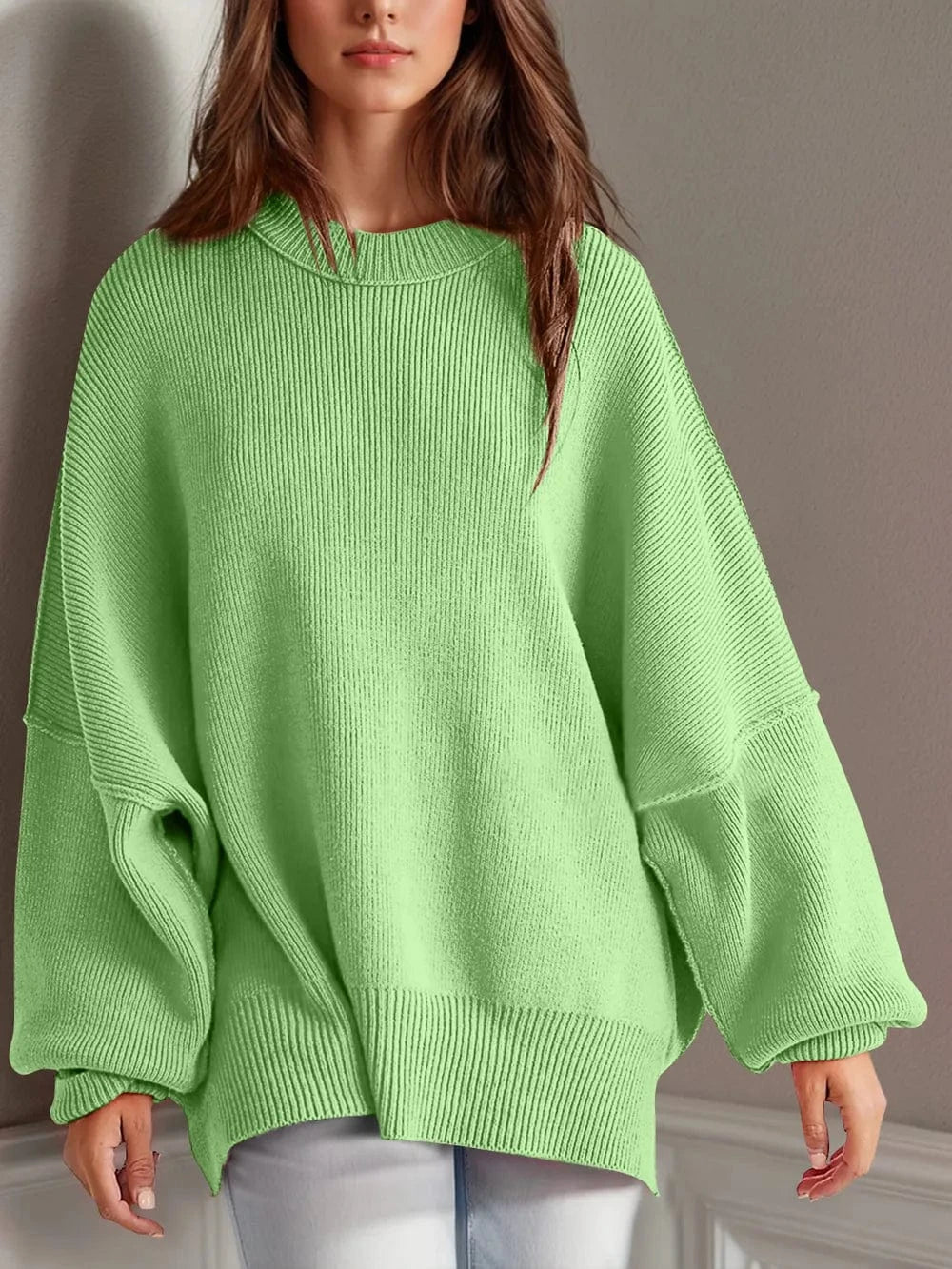 Trendsi Lime / S Double Take Side Slit Round Neck Long Sleeve Sweater