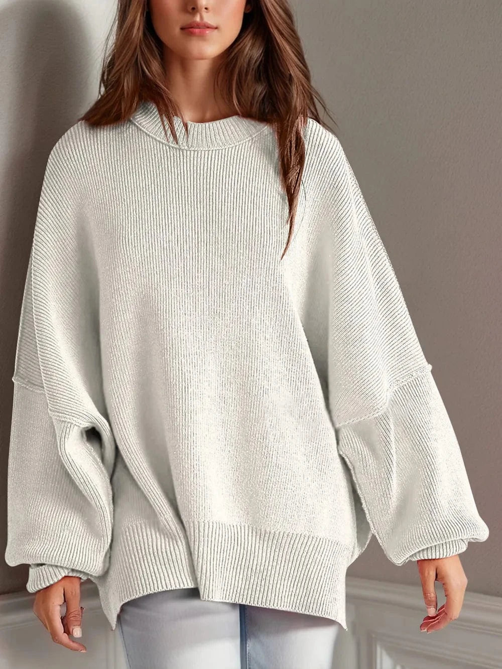 Trendsi White / S Double Take Side Slit Round Neck Long Sleeve Sweater
