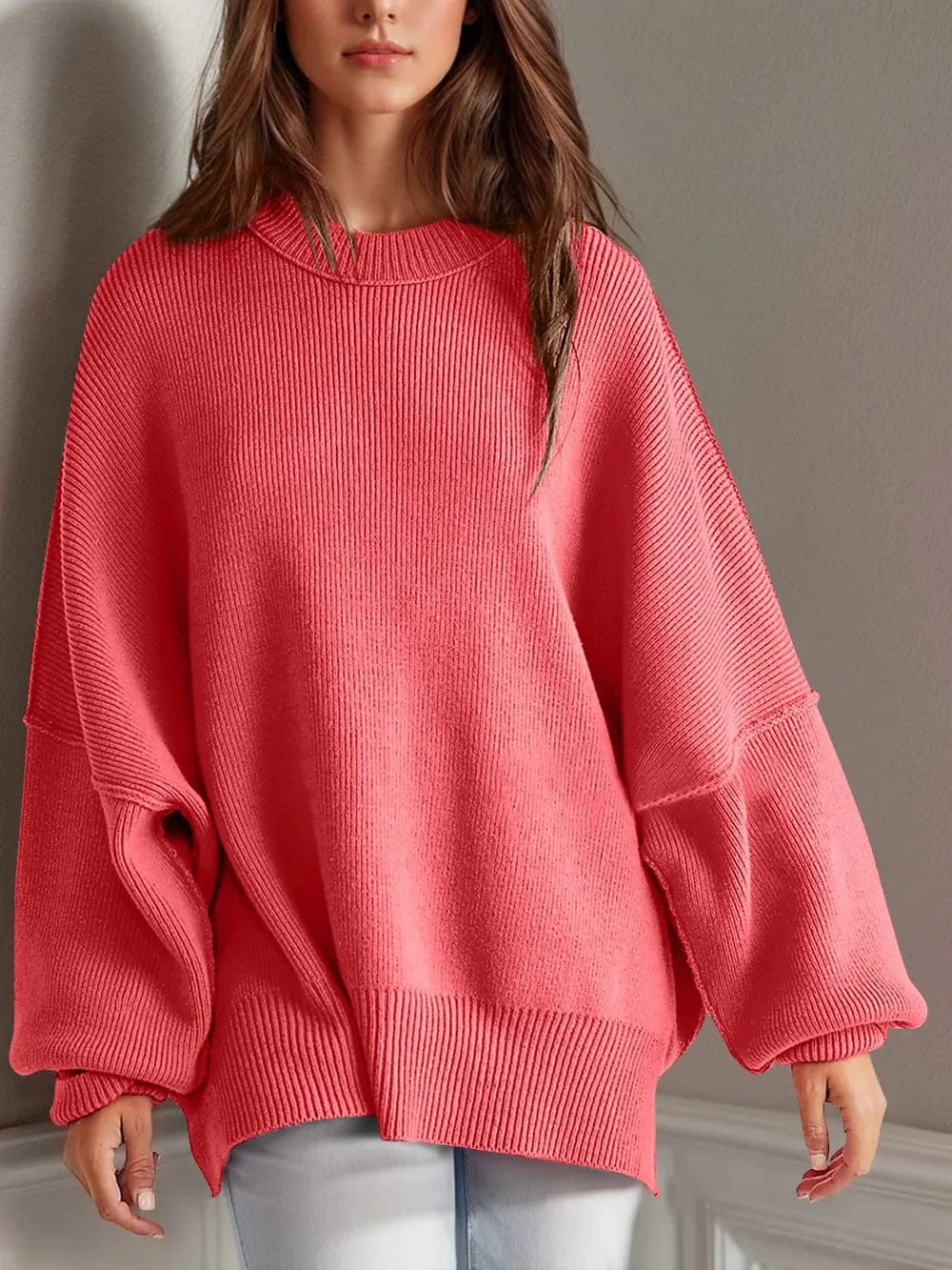 Trendsi Strawberry / S Double Take Side Slit Round Neck Long Sleeve Sweater