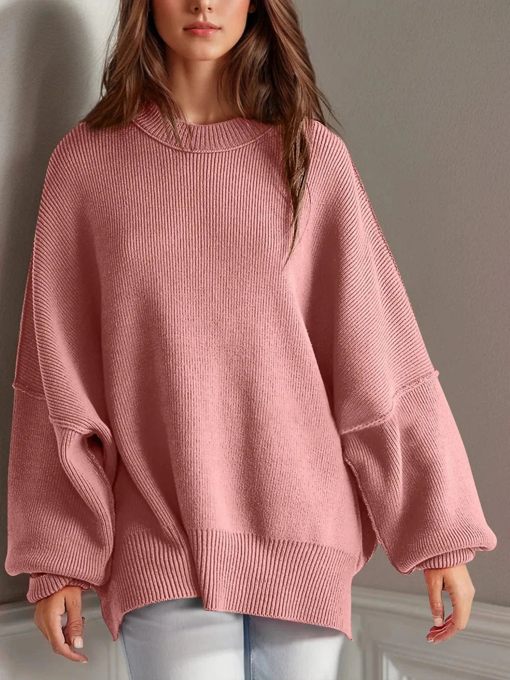 Trendsi Dusty Pink / S Double Take Side Slit Round Neck Long Sleeve Sweater