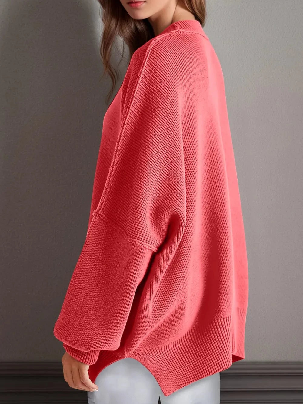 Trendsi Double Take Side Slit Round Neck Long Sleeve Sweater