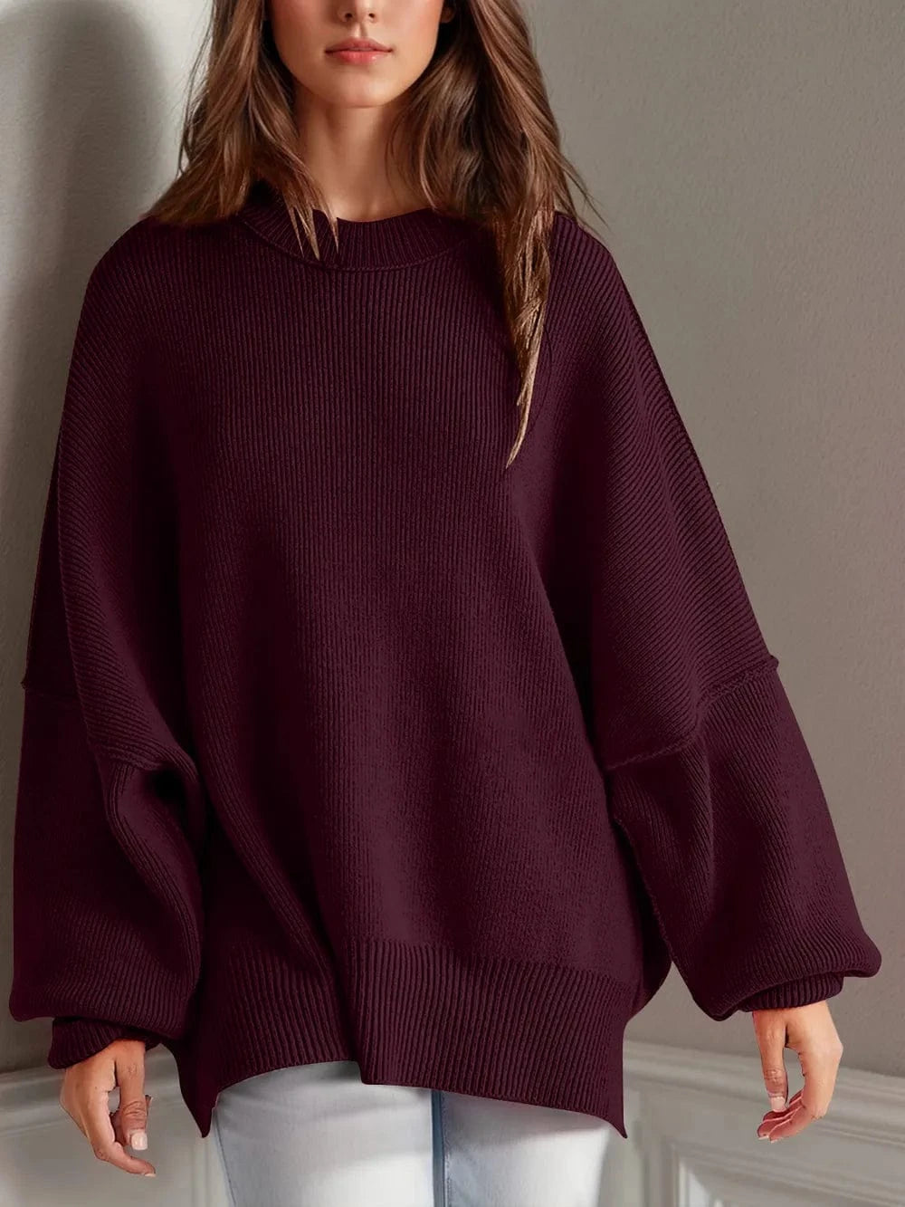 Trendsi Burgundy / S Double Take Side Slit Round Neck Long Sleeve Sweater