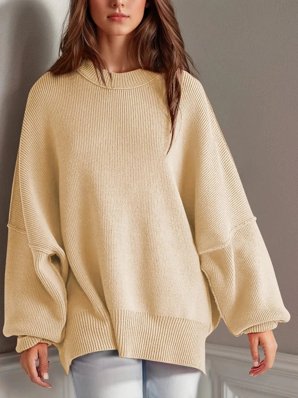 Trendsi Pastel Yellow / S Double Take Side Slit Round Neck Long Sleeve Sweater