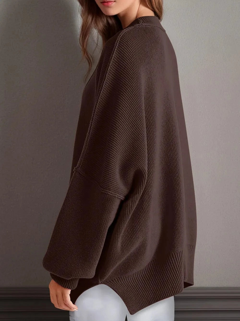 Trendsi Double Take Side Slit Round Neck Long Sleeve Sweater