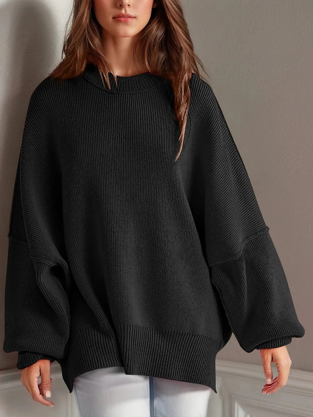 Trendsi Double Take Side Slit Round Neck Long Sleeve Sweater