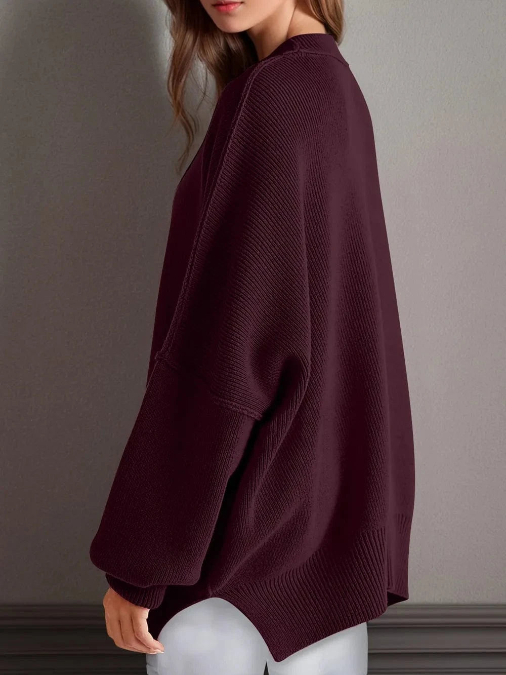 Trendsi Double Take Side Slit Round Neck Long Sleeve Sweater