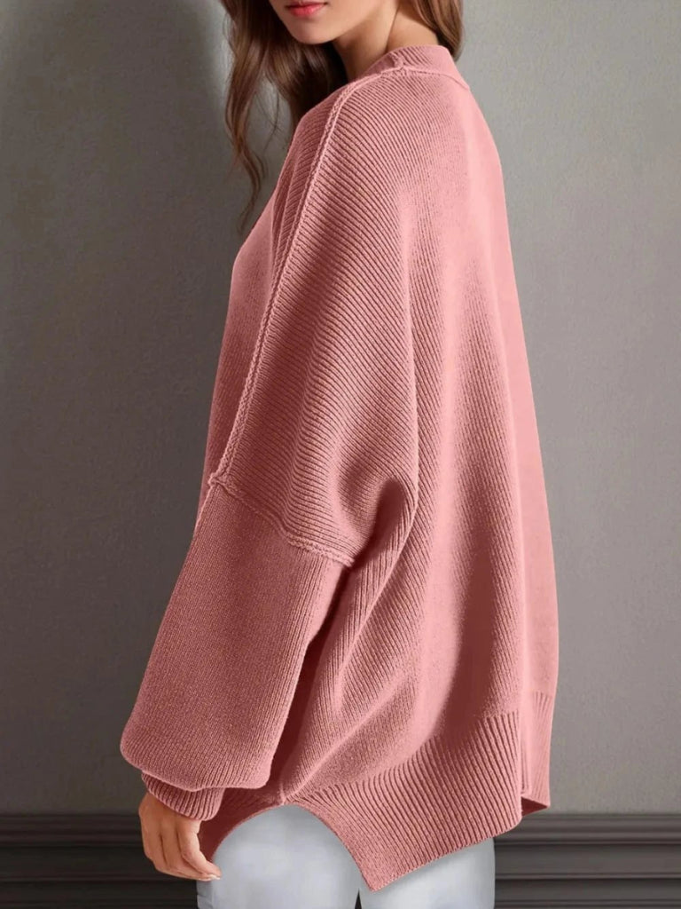 Double Take Side Slit Round Neck Long Sleeve Sweater – Dusty Pink by Trendsi from FREYA’S CLOSET