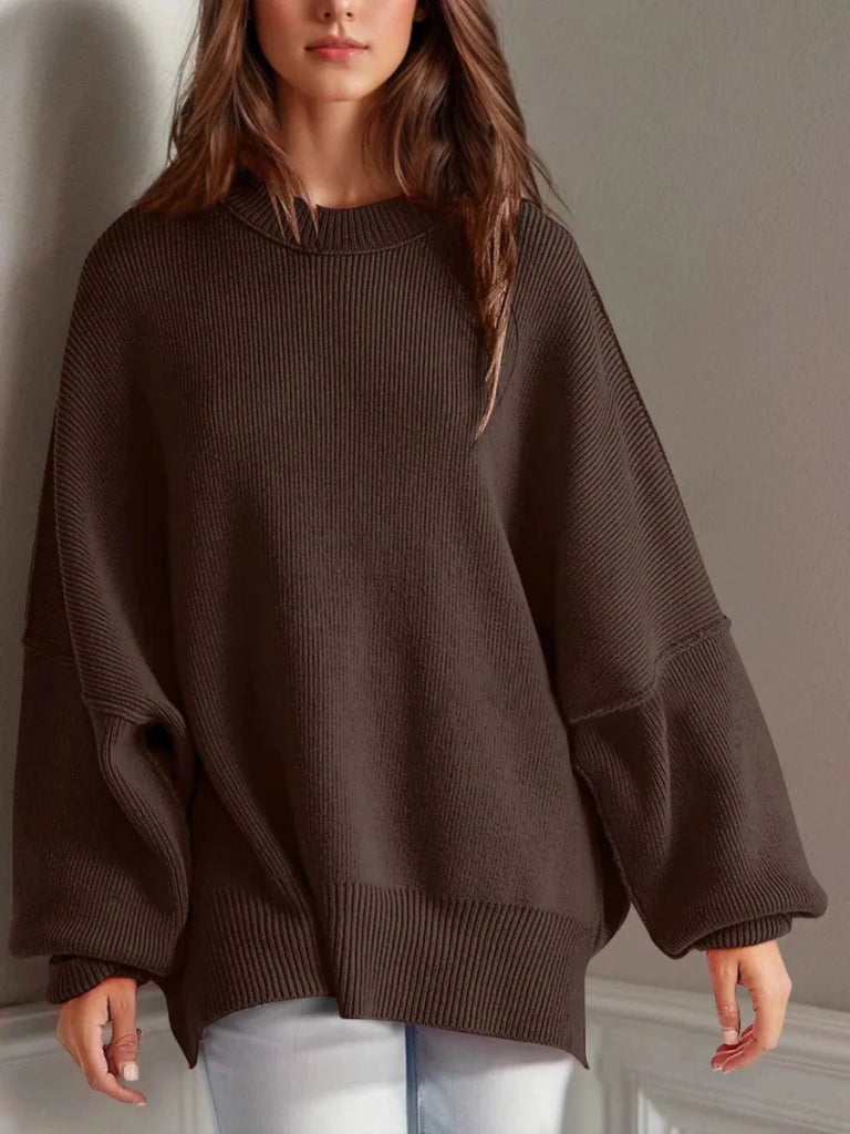 Double Take Side Slit Round Neck Long Sleeve Sweater - Dark Brown by Trendsi from FREYA’S CLOSET