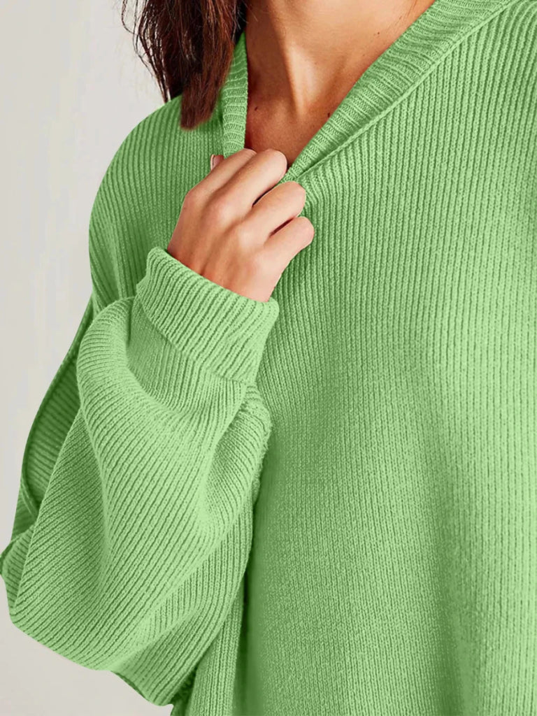 Double Take Side Slit Round Neck Long Sleeve Sweater - Lime by Trendsi from FREYA’S CLOSET