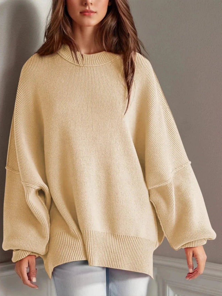 Double Take Side Slit Round Neck Long Sleeve Sweater - Pastel Yellow by Trendsi from FREYA’S CLOSET