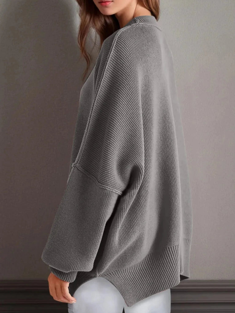 Double Take Side Slit Round Neck Long Sleeve Sweater - Gray by Trendsi from FREYA’S CLOSET