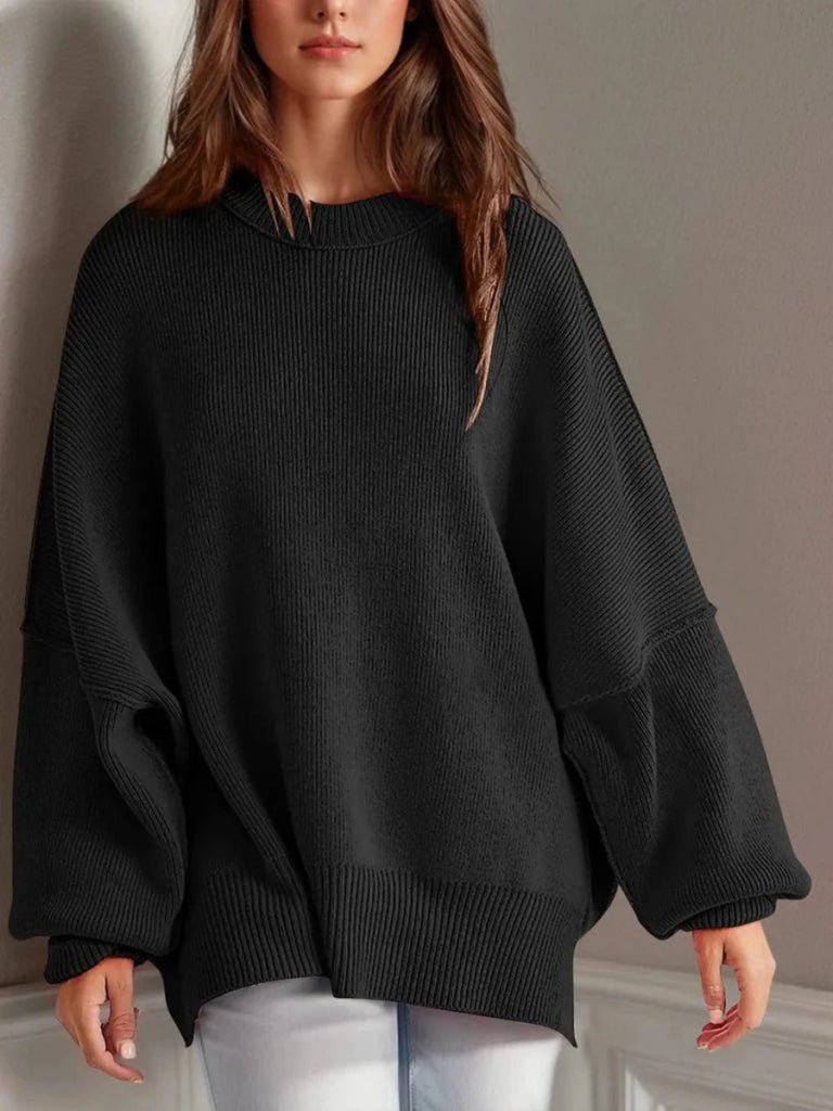 Double Take Side Slit Round Neck Long Sleeve Sweater - Black by Trendsi from FREYA’S CLOSET