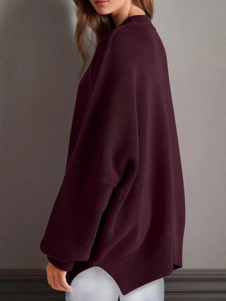Double Take Side Slit Round Neck Long Sleeve Sweater - Burgundy by Trendsi from FREYA’S CLOSET